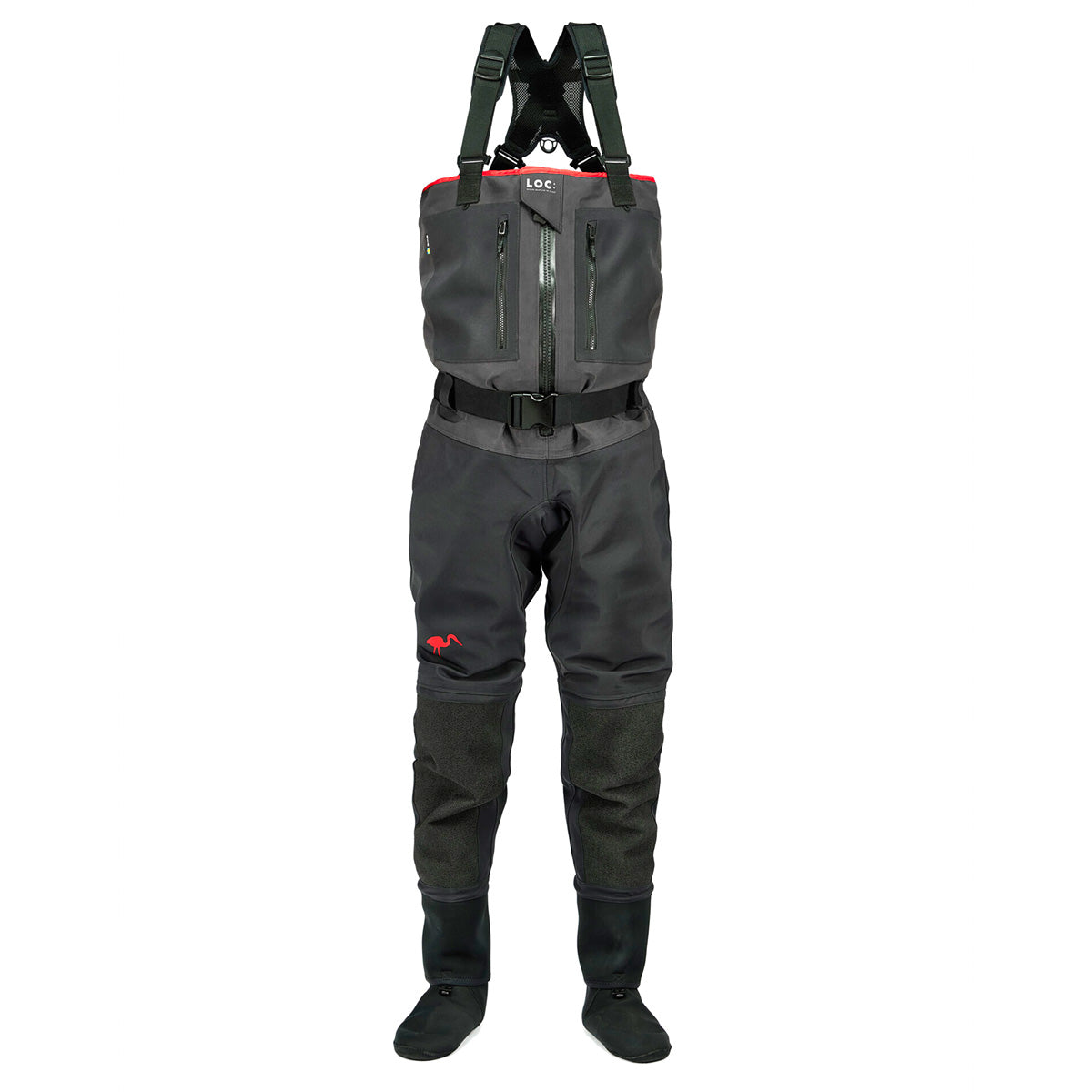 LOC Waders with a red LOC heron logo on right leg