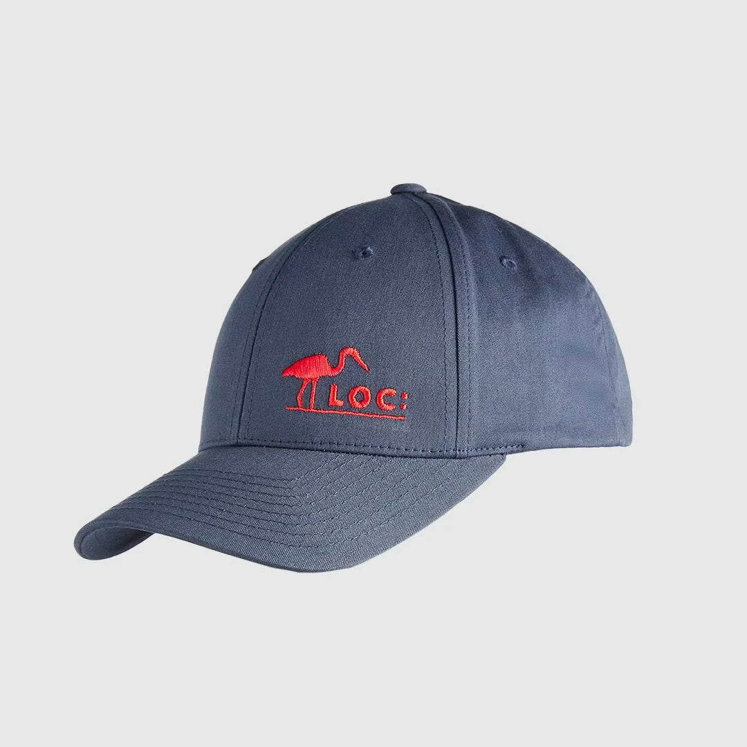 A navy blue baseball cap with a curved brim, featuring a red embroidered LOC logo and the text 'LOC' on the front, set against a navy blue background.