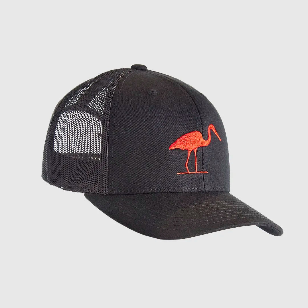A black trucker-style baseball cap with a curved brim, black mesh back panels, and a red embroidered LOC logo on the front, shown against a light gray background.
