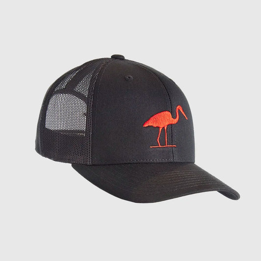 A black trucker-style baseball cap with a curved brim, black mesh back panels, and a red embroidered LOC logo on the front, shown against a light gray background.