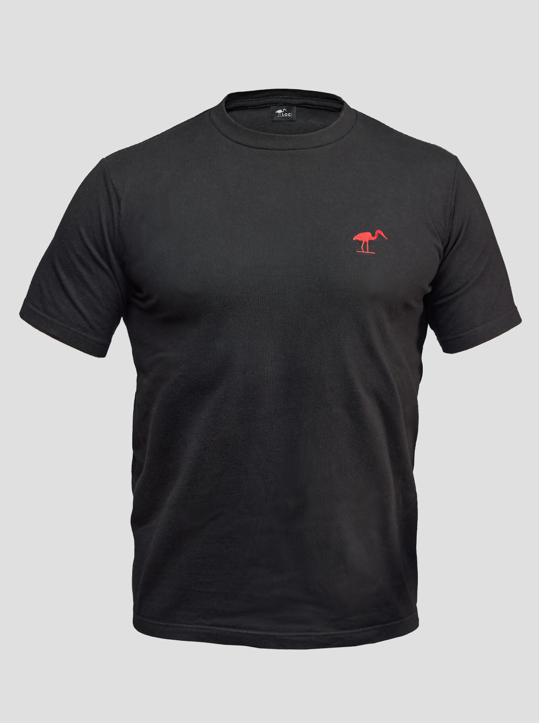 A black LOC heavy cotton T-shirt with a small red LOC Heron logo on the chest and a Swedish flag on the lower left side.