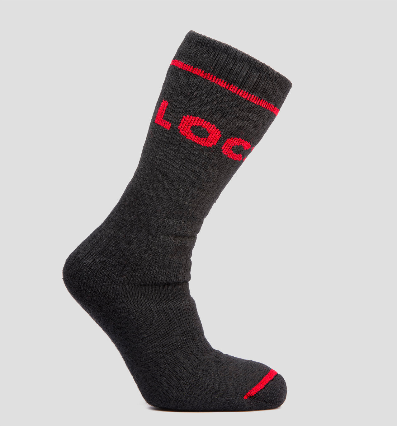 A black LOC merino wool sock with red accents and the brand name 'LOC' in white letters across the cuff.