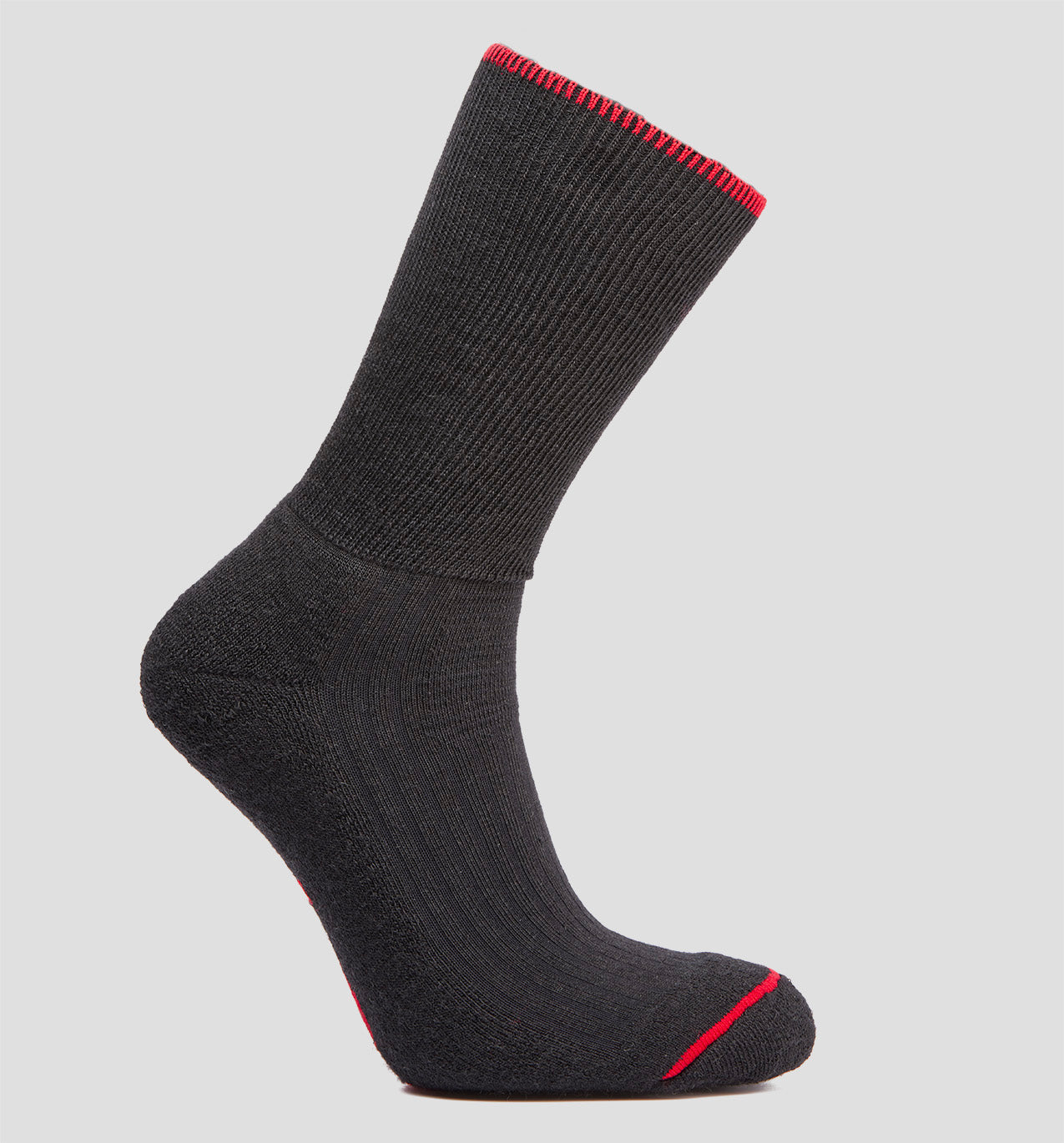A black merino wool sock with red trim at the top edge, displaying the LOC brand logo under the sole.