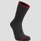 A black LOC merino wool sock with red accents.