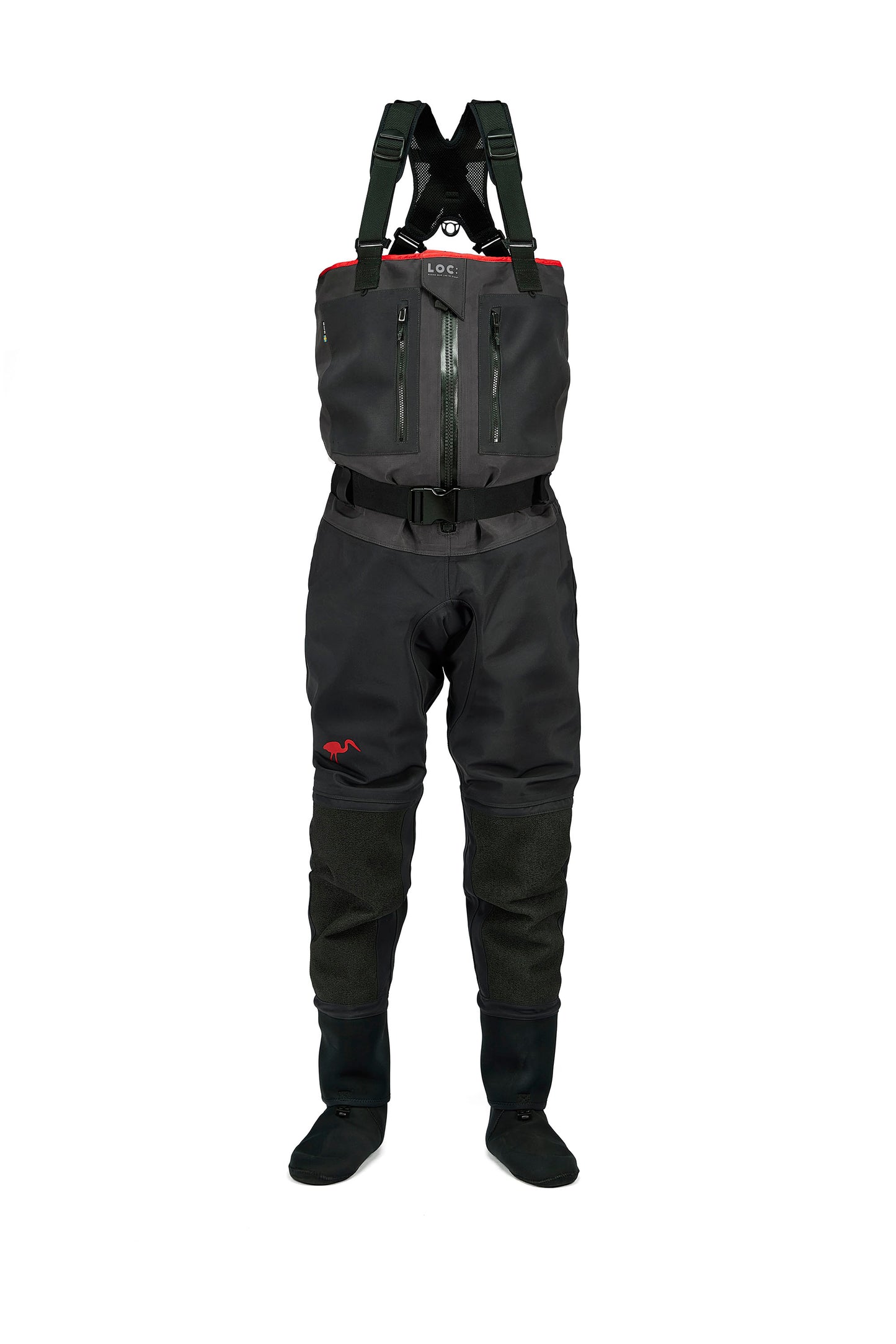 A pair of black LOC 3-D Mesh Tech waders with red and gray accents, designed for water resistance and comfort.