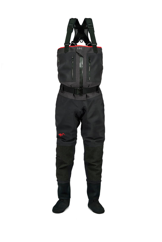 A pair of black LOC 3-D Mesh Tech waders with red and gray accents, designed for water resistance and comfort.